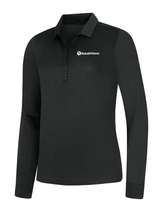 Womens Black Silk Touch Performance Long Sleeve Polo w/RehabVisions POST Logo