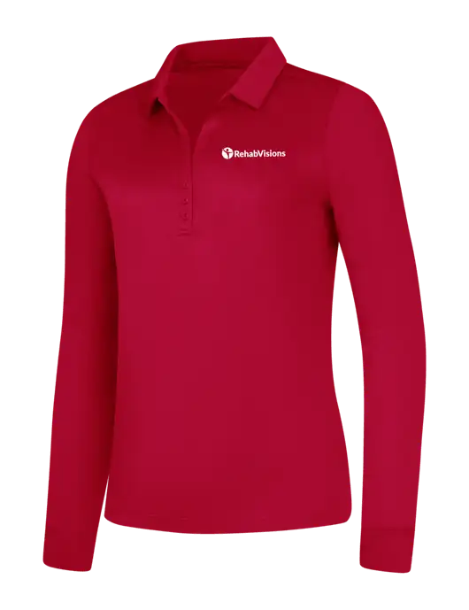 Womens Red Silk Touch Performance Long Sleeve Polo w/RehabVisions POST Logo