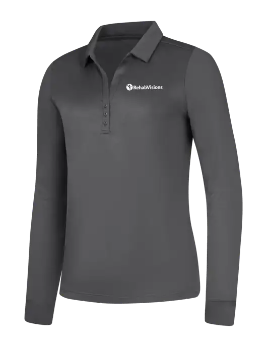 Womens Dark Grey Silk Touch Performance Long Sleeve Polo w/RehabVisions POST Logo