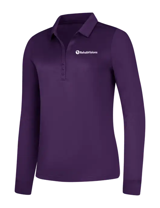 Womens Purple Silk Touch Performance Long Sleeve Polo w/RehabVisions POST Logo