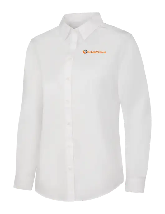 Womens White Long Sleeve Carefree Poplin Shirt w/RehabVisions POST Logo