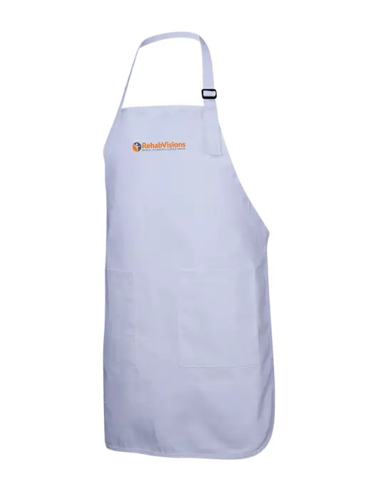 Full-Length White Apron With Pockets w/RehabVisions POST Logo
