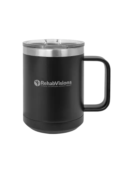Polar Camel 15 oz Powder Coated Black Vacuum Insulated Mug with Slider Lid w/RehabVisions POST Logo