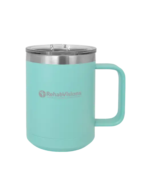 Polar Camel 15 oz Powder Coated Seafoam Vacuum Insulated Mug with Slider Lid w/RehabVisions POST Logo