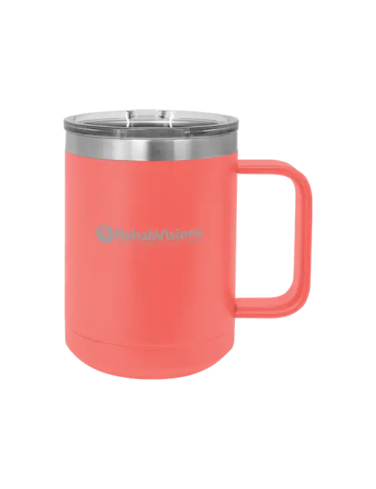 Polar Camel 15 oz Powder Coated Coral Vacuum Insulated Mug with Slider Lid w/RehabVisions POST Logo