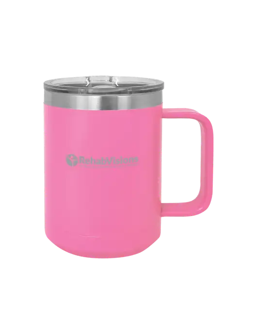 Polar Camel 15 oz Powder Coated Pink Vacuum Insulated Mug with Slider Lid w/RehabVisions POST Logo