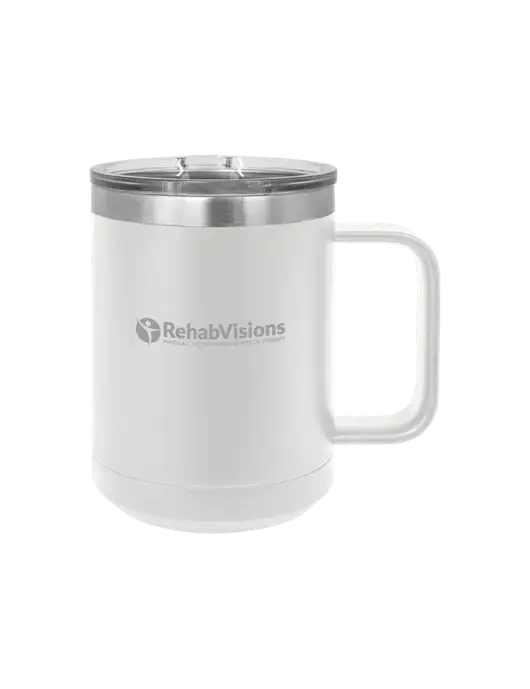 Polar Camel 15 oz Powder Coated White Vacuum Insulated Mug with Slider Lid w/RehabVisions POST Logo