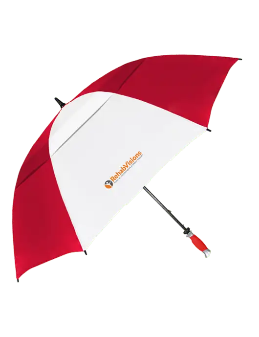 Red/White Vented Typhoon Tamer Golf Umbrella w/RehabVisions POST Logo
