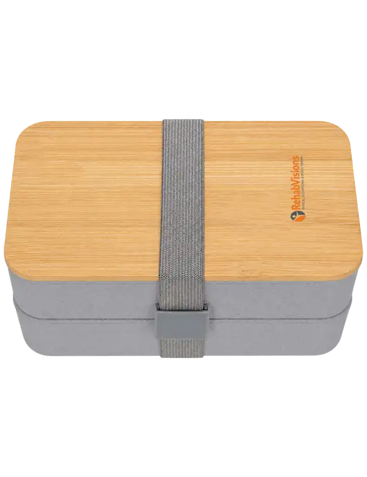 Double Decker Light Medium Grey Lunch Box w/Eco-Friendly FSC Bamboo Lid & Reusable Utensils w/RehabVisions POST Logo