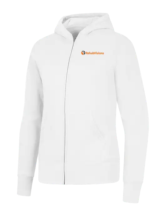 White Womens Core Fleece Full-Zip Hooded Sweatshirt w/RehabVisions POST Logo
