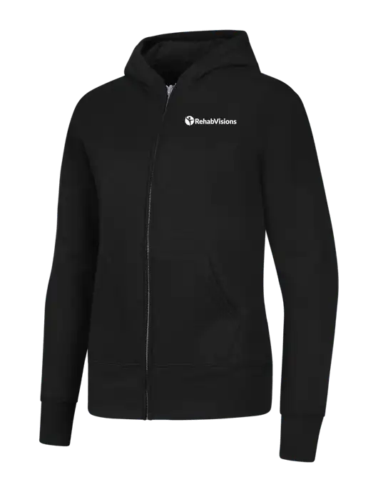 Jet Black Womens Core Fleece Full-Zip Hooded Sweatshirt w/RehabVisions POST Logo