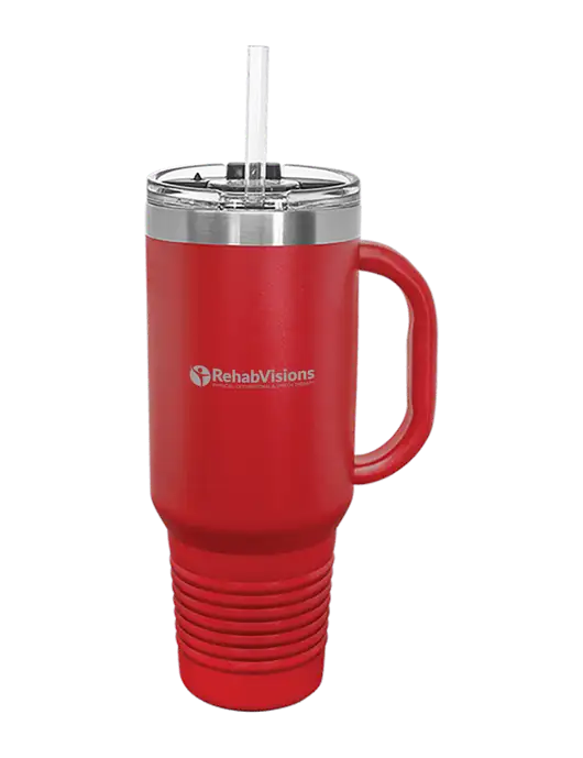 Polar Camel 40 oz. Powder Coated Vacuum Insulated Red Travel Mug with Straw w/RehabVisions POST Logo