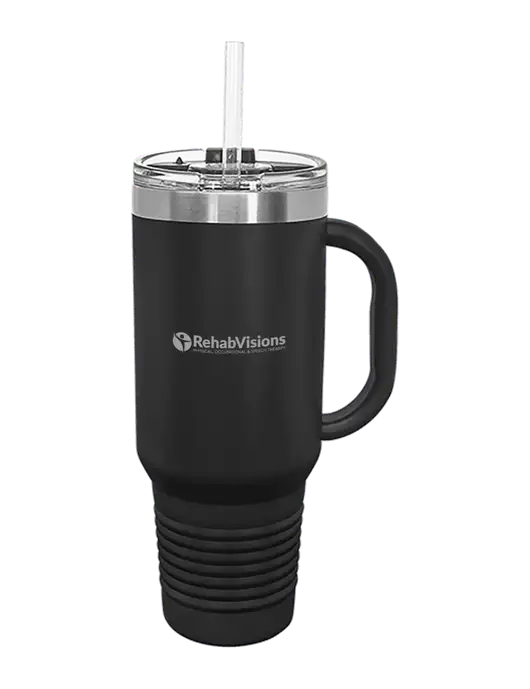 Polar Camel 40 oz. Powder Coated Vacuum Insulated Black Travel Mug with Straw w/RehabVisions POST Logo