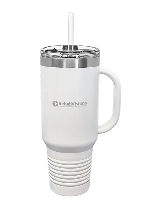 Polar Camel 40 oz. Powder Coated Vacuum Insulated White Travel Mug with Straw w/RehabVisions POST Logo