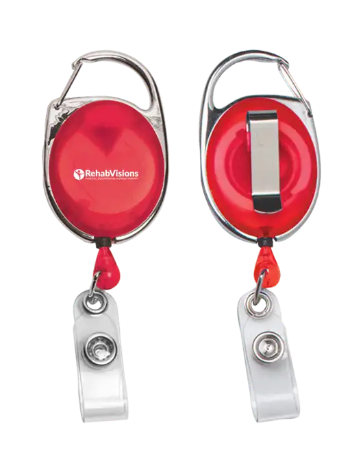 Red Carabiner Style Badge Reel and Badge Holder w/RehabVisions POST Logo
