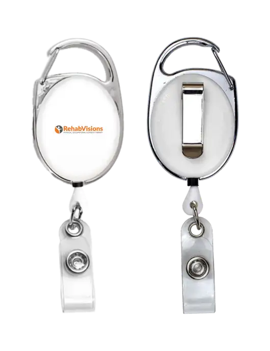 White Carabiner Style Badge Reel and Badge Holder w/RehabVisions POST Logo