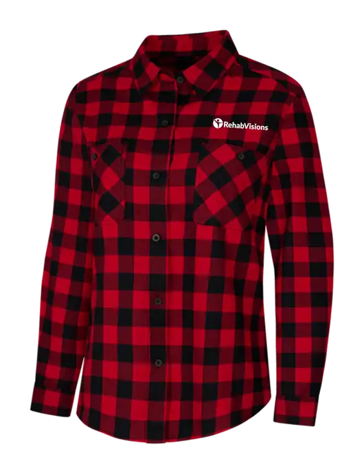 Womens Red/Black Buffalo Check Plaid Flannel Shirt w/RehabVisions POST Logo