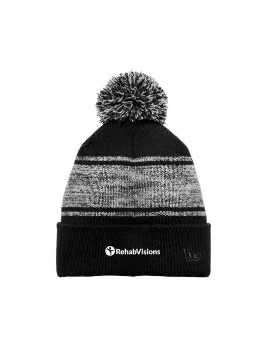 New Era Black/Charcoal Knit Chilled Pom Beanie w/RehabVisions POST Logo