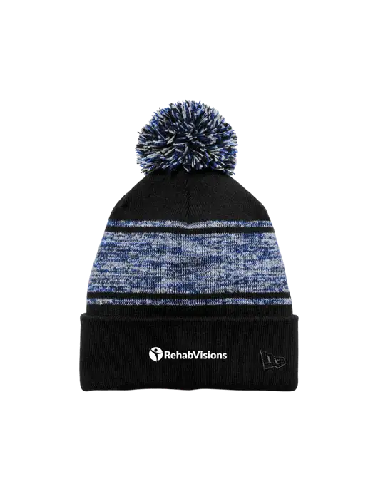 New Era Black/Royal Knit Chilled Pom Beanie w/RehabVisions POST Logo