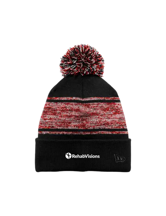 New Era Black/Red Knit Chilled Pom Beanie w/RehabVisions POST Logo