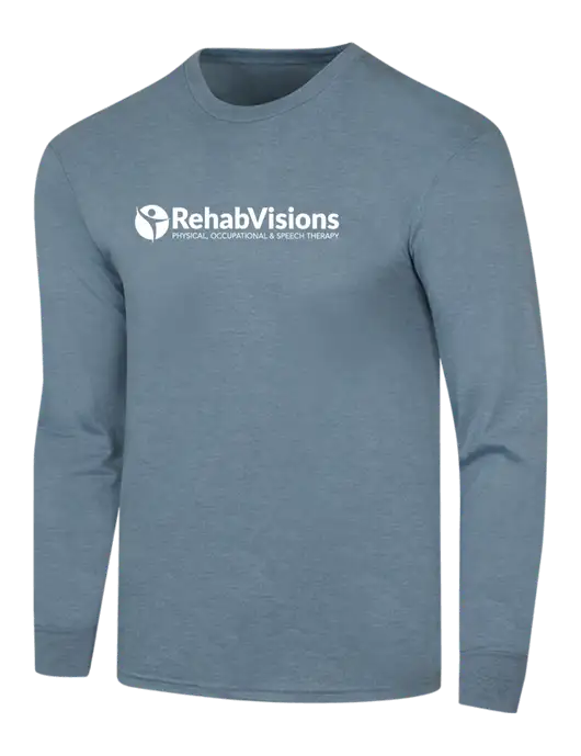Simply Soft Long Sleeve Slate Blue Heather 4.5 oz, Poly/Combed Ring Spun Cotton T-Shirt w/RehabVisions POST Logo