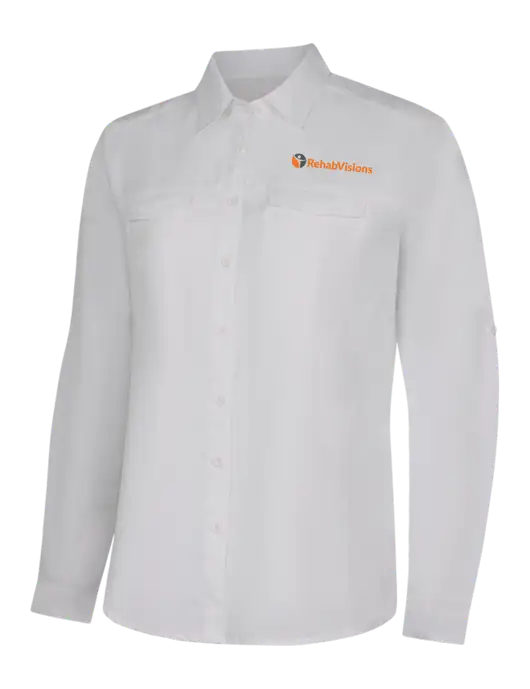 Womens White Long Sleeve UV Daybreak Shirt w/RehabVisions POST Logo