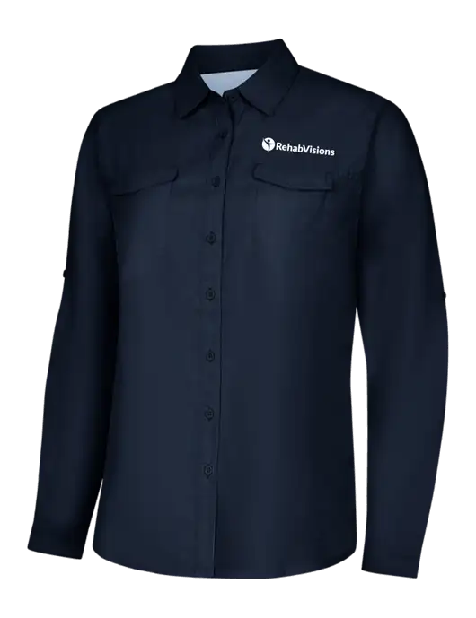 Womens Navy Long Sleeve UV Daybreak Shirt w/RehabVisions POST Logo