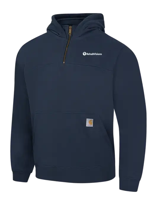 Carhartt Navy Rain Defender Paxton Heavyweight Hooded 1/4 Zip Mock Sweatshirt w/RehabVisions POST Logo