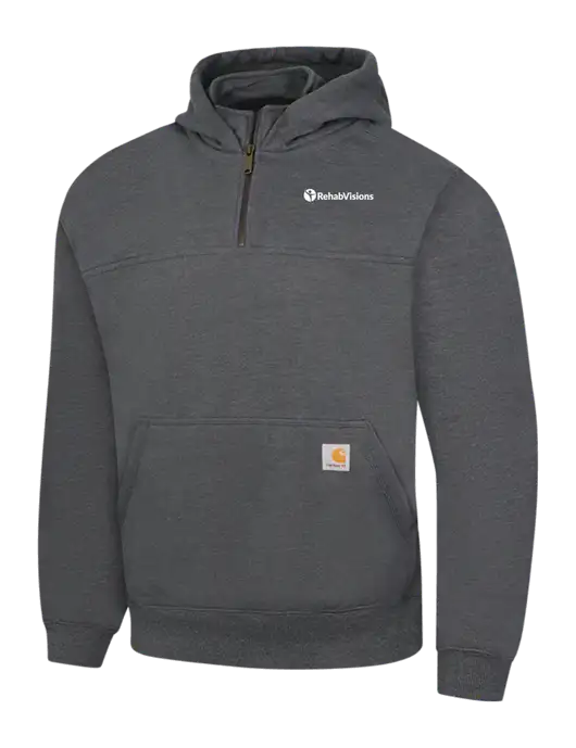 Carhartt Dark Grey Heather Rain Defender Paxton Heavyweight Hooded 1/4 Zip Mock Sweatshirt w/RehabVisions POST Logo