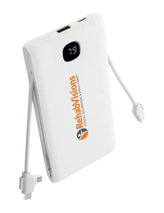 TurboBoost 10,000 mAh Power Bank w/Built-in Cables & Plug w/RehabVisions POST Logo