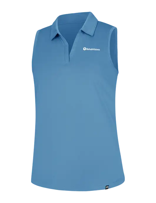 TravisMathew Womens Light Blue Heather Coto Performance Sleeveless Polo w/RehabVisions POST Logo