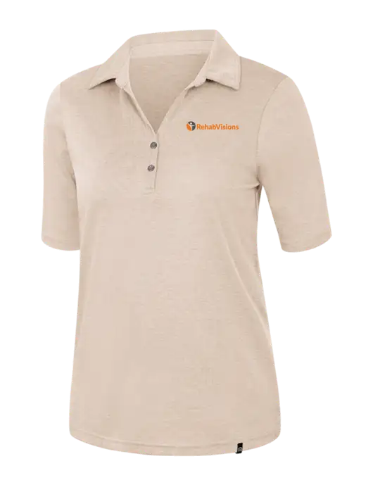 TravisMathew Womens Light Tan Heather Sunsetters Polo w/RehabVisions POST Logo