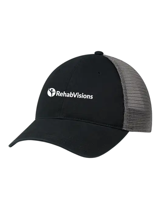 Richardson 111 Garment Washed Trucker Cap Black w/Charcoal Mesh w/RehabVisions POST Logo