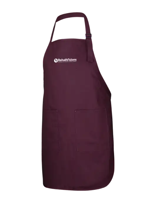 Full-Length Maroon Apron With Pockets w/RehabVisions POST Logo