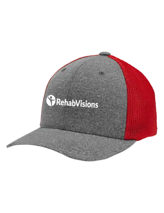 Flexfit Red/Medium Grey Heather Melange Mesh Back Trucker Cap w/RehabVisions POST Logo