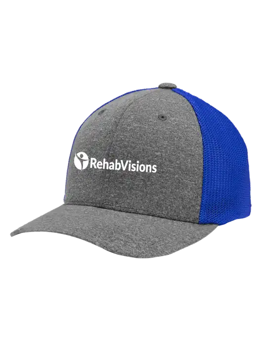 Flexfit Royal/Medium Grey Heather Melange Mesh Back Trucker Cap w/RehabVisions POST Logo