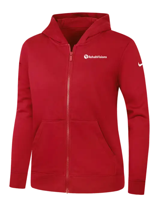 Nike Womens Club Fleece Sleeve Swoosh Full-Zip Red Hoodie w/RehabVisions POST Logo