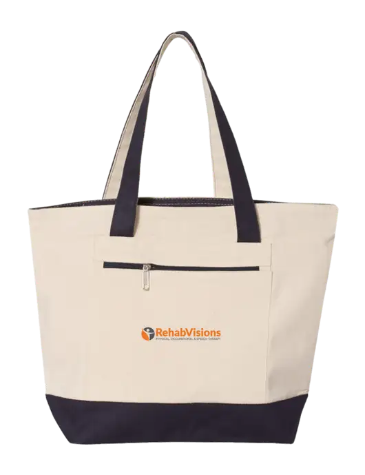 Natural/Navy Zippered Tote  w/RehabVisions POST Logo