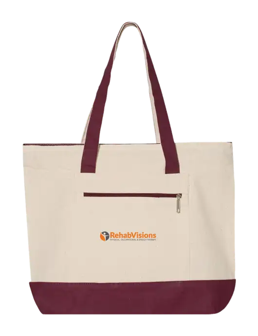 Natural/Maroon Zippered Tote  w/RehabVisions POST Logo