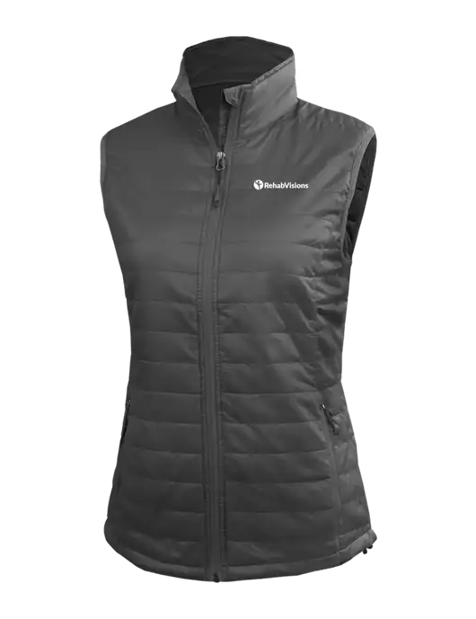 Womens Packable Dark Grey Puffy Vest w/RehabVisions POST Logo
