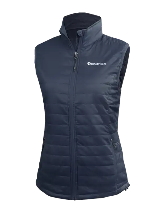 Womens Packable Navy Puffy Vest w/RehabVisions POST Logo