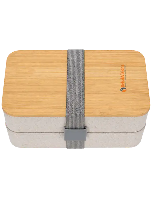 Double Decker Natural Ivory Lunch Box w/Eco-Friendly FSC Bamboo Lid & Reusable Utensils w/RehabVisions POST Logo