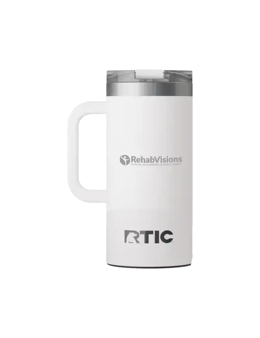 RTIC Road Trip 16 oz White Travel Mug w/RehabVisions POST Logo