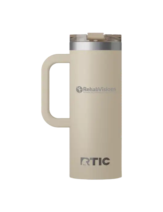 RTIC Road Trip 20 oz Tan Travel Mug w/RehabVisions POST Logo