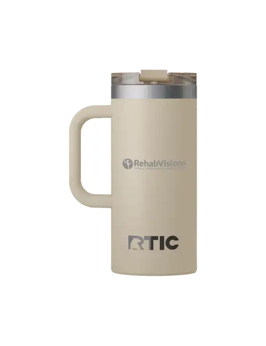 RTIC Road Trip 16 oz Tan Travel Mug w/RehabVisions POST Logo