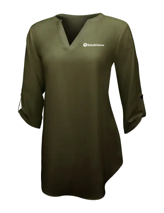 Womens Dark Olive 3/4 Sleeve Tunic Blouse w/RehabVisions POST Logo