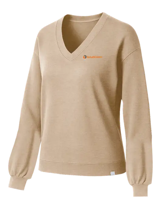 TravisMathew Womens Long Weekend Tan Heather V-Neck
 w/RehabVisions POST Logo