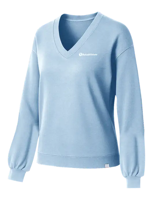 TravisMathew Womens Long Weekend Light Blue Heather V-Neck
 w/RehabVisions POST Logo