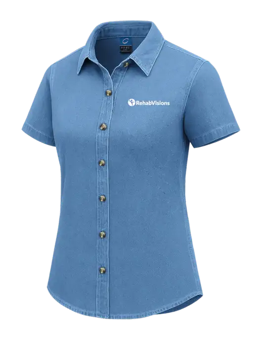 Womens Short Sleeve Light Blue Denim Shirt w/RehabVisions POST Logo