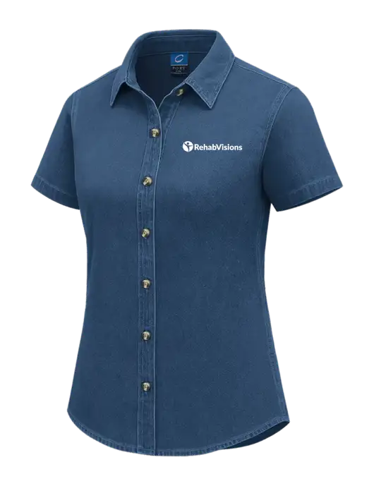 Womens Short Sleeve Light Navy Denim Shirt w/RehabVisions POST Logo
